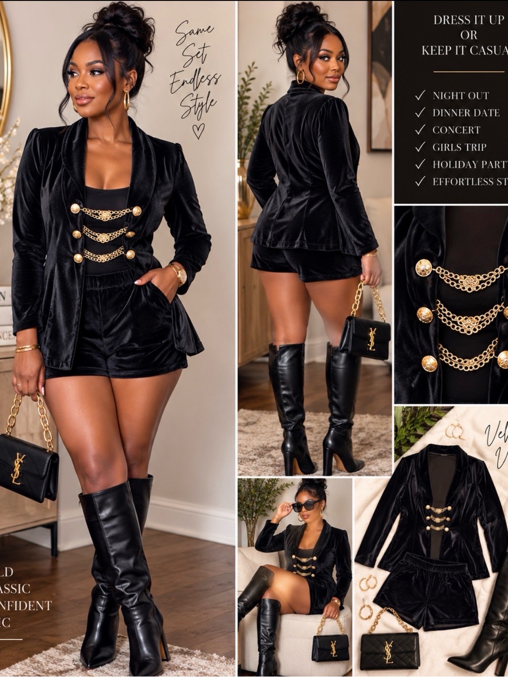 Black Velvet Draped Open Front Cardigan/shorts with Gold Chain Detail